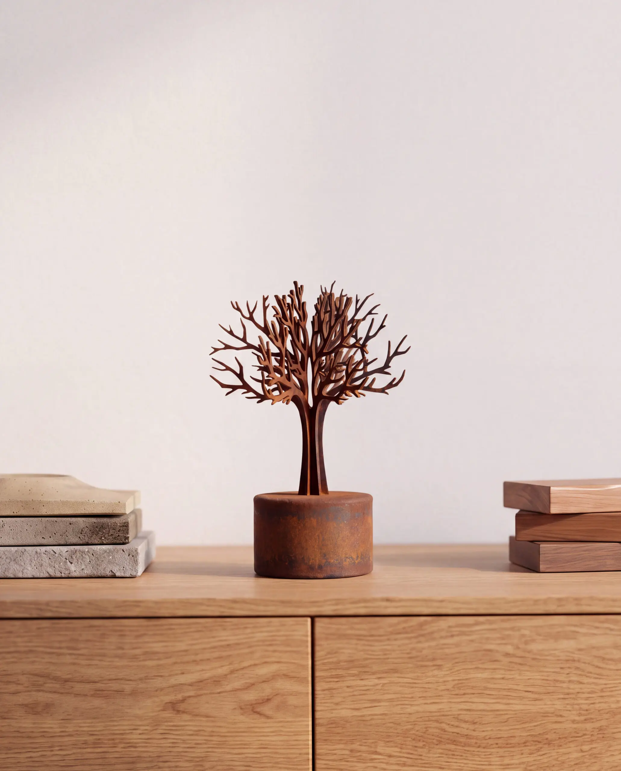 Mini urn van cortenstaal als kunstwerk in huis