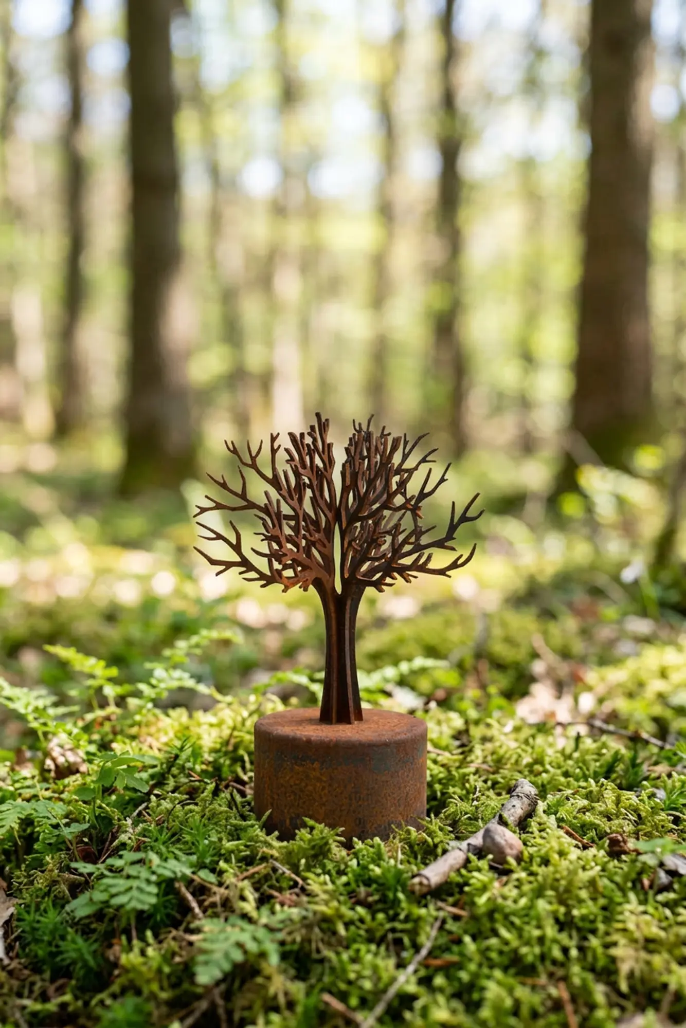 Mini urn van cortenstaal buiten in de tuin